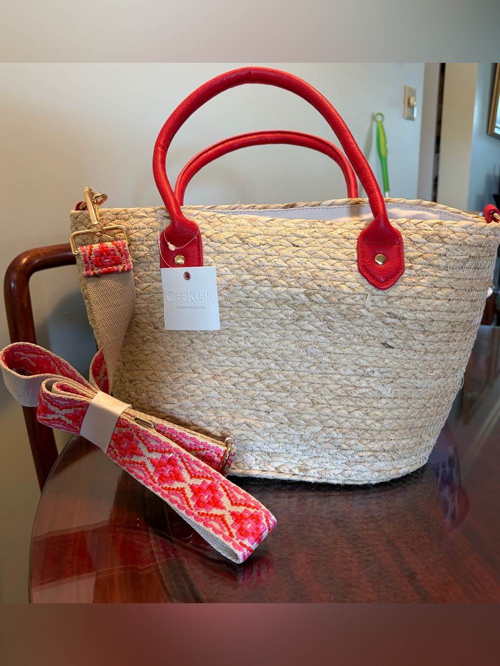 Cee Klein Straw Tote with Red Trim and Removable Patterned Guitar Strap, NWT